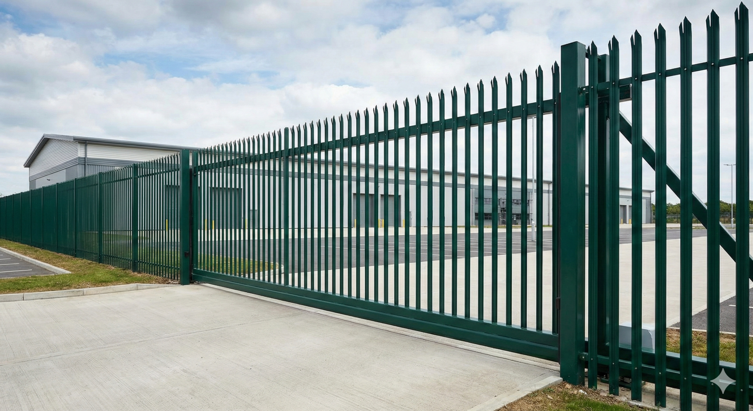 Green metal palisade security fence and gate