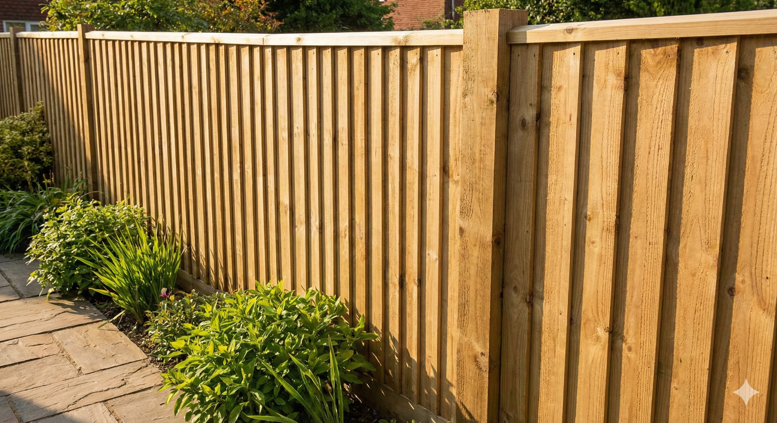 A newly installed wooden closeboard garden fence with concrete posts