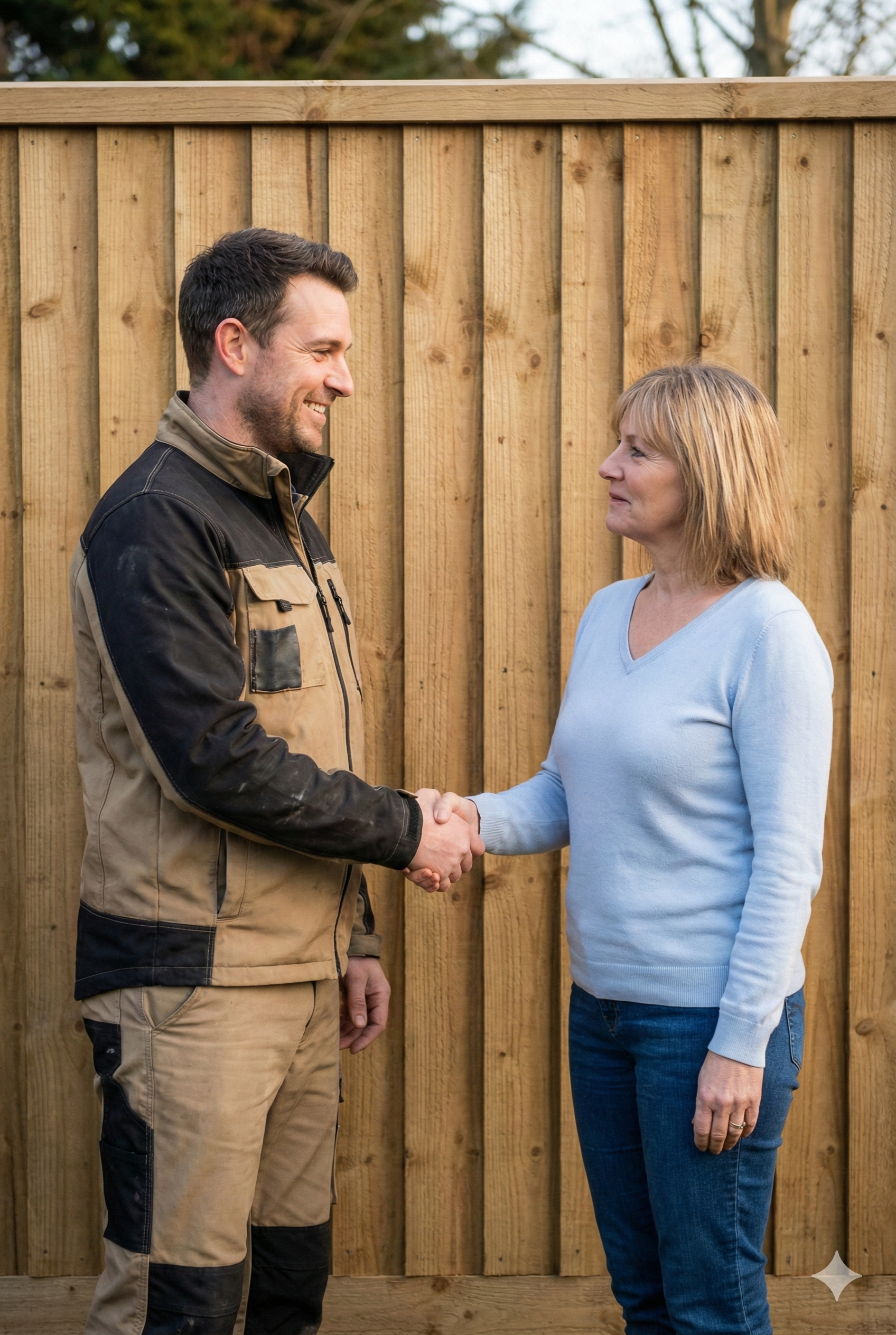 A professional fencing contractor in workwear shaking hands with a satisfied homeowner directly in front of a newly installed wooden closeboard fence.
