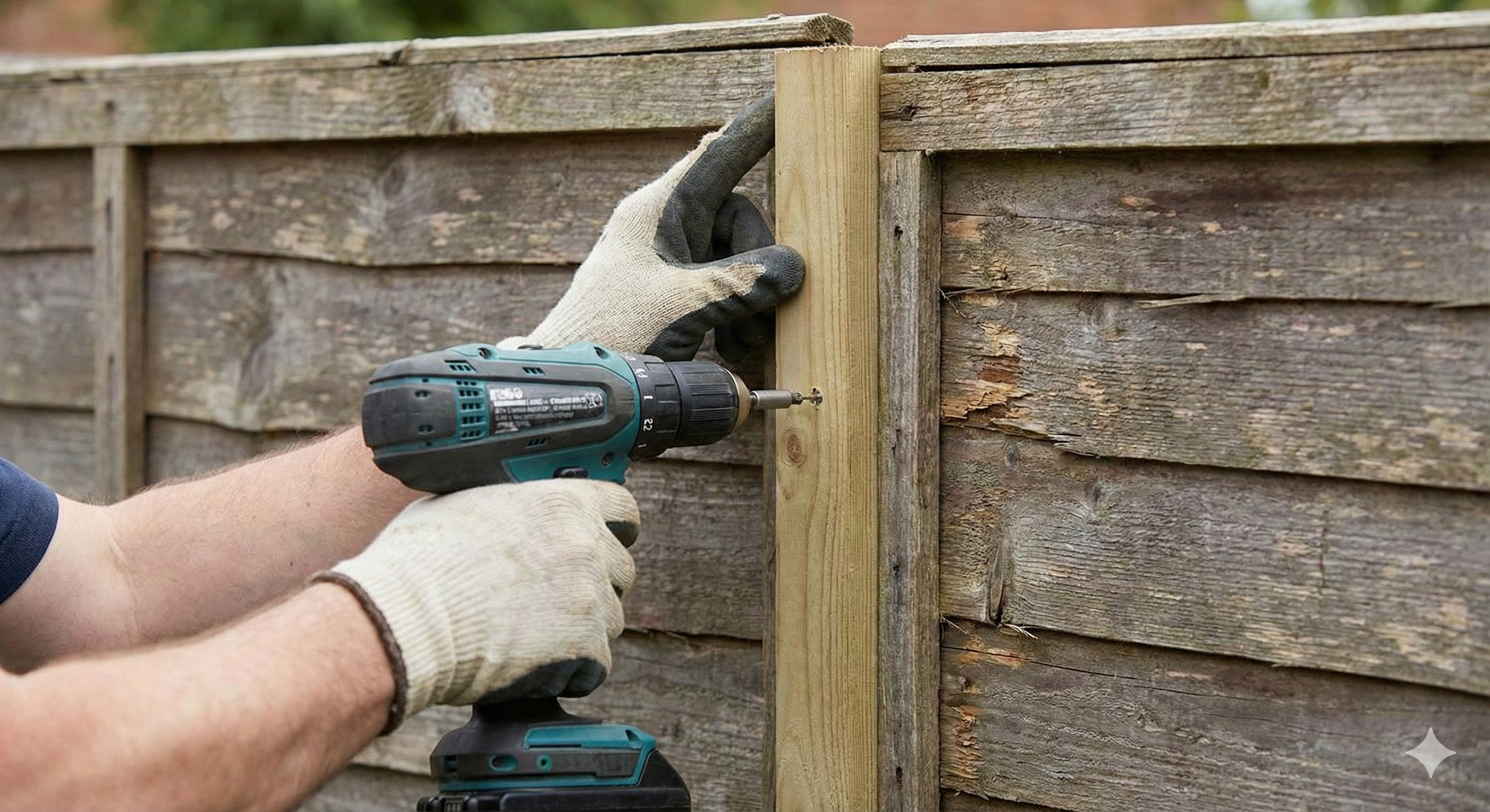Contractor repairing a wooden garden fence panel